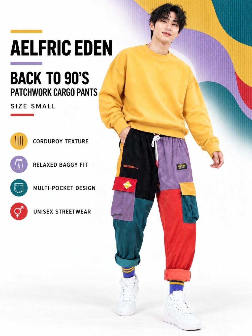 Aelfric Eden Men’s Color Patchwork Cargo Pants Hip Hop Streetwear Small